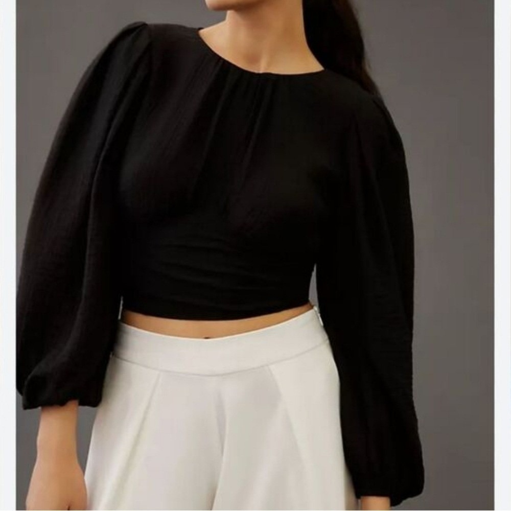 Anthropologie NWT Current Air Black Sequin Back Blouson Sleeve Top SZ Large Glam - Picture 4 of 13
